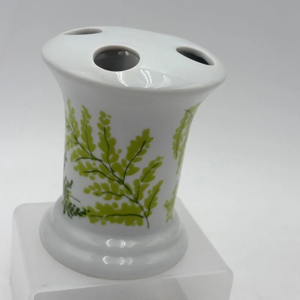 Vintage White Ceramic Toothbrush Holder Green‎ Fern Botanical Leaf 4 Slot Vanity